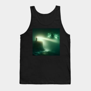 A lone lighthouse beam piercing through a green fog, revealing hidden horrors Tank Top